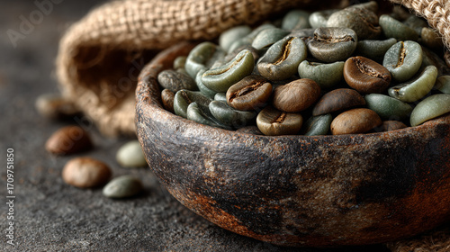 Green Coffee Beans in a Textured Bowl with Burlap raw coffee