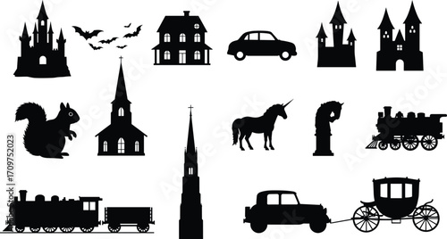 Silhouette vector set of castle, church, car, animal, unicorn, chess knight, and train for design and decoration use.