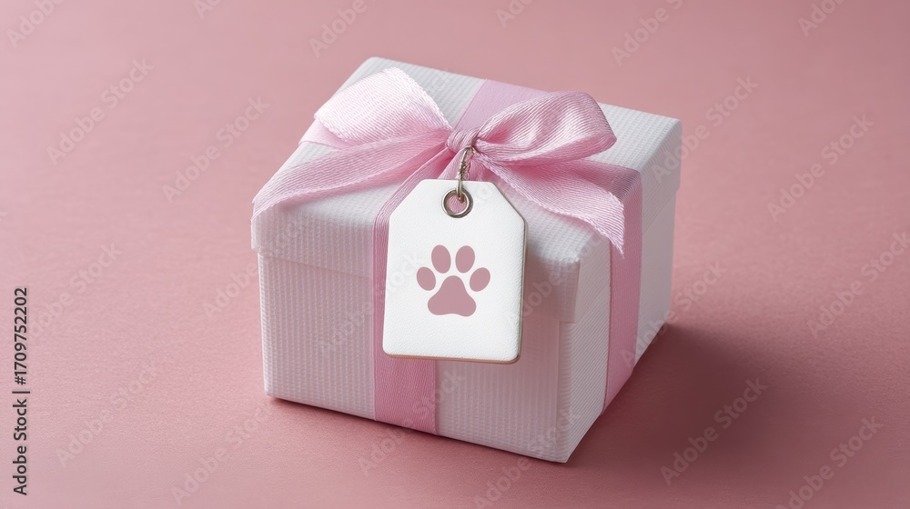 Obraz premium DIY pet party setup Gift box with a paw print tag, elegantly wrapped in pink and white, perfect for pet lovers.
