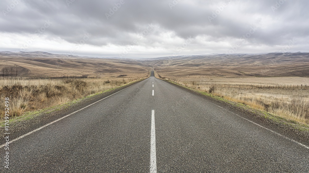 Fototapeta premium asphalt. Panoramic view of an empty road under cloudy skies, capturing a serene and open landscape. travel magazines, destination branding, designed for outdoor magazines and nature guides.