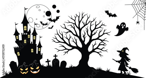 Spooky Halloween haunted castle with bats, witch, ghost, pumpkins, full moon, spider web and creepy graveyard in vector style.