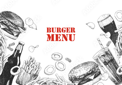 Burger Menu. Hand-drawn illustration of dishes and products. Ink. Vector	