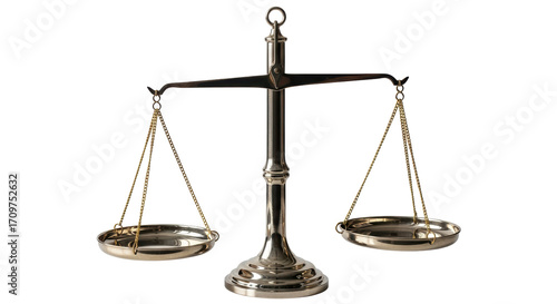 фотографія Isolated Metallic scale with hanging gold chain and bowls; symbol of law, justic