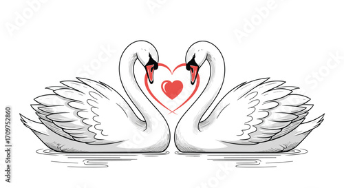 Two elegant swans form a heart shape with their necks to symbolize eternal love.