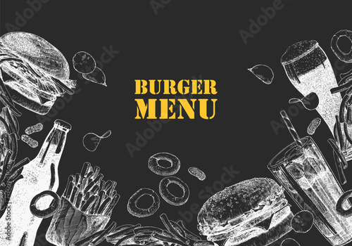 Burger Menu. Hand-drawn illustration of dishes and products. Ink. Vector	
