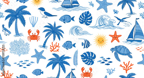 A charming pixel art pattern of tropical beach elements and marine life.