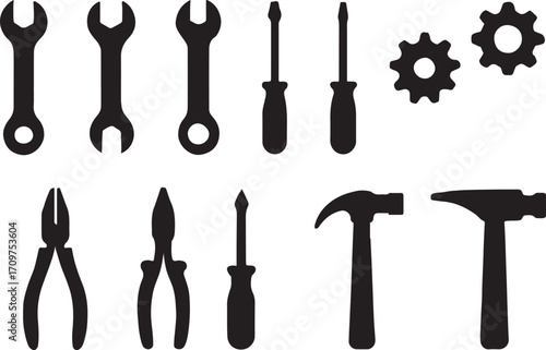 PrintCollection of black silhouette tools and gears on a white background