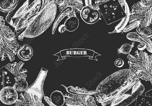 Burger Menu. Hand-drawn illustration of dishes and products. Ink. Vector	
