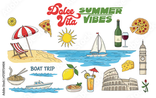 Italian summer vibes with beach, umbrellas, pasta, pizza, drinks, boat, and Colosseum, capturing Mediterranean holiday atmosphere.