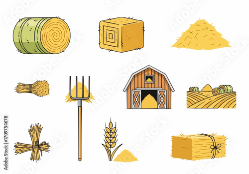 Collection of hay bales and associated farm elements.