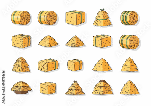 Collection of various hay bales in different shapes and sizes.