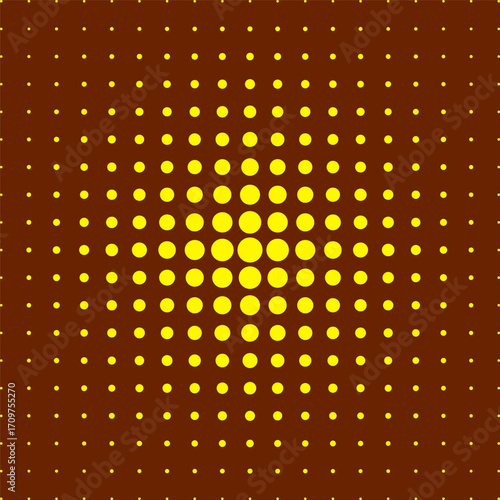 A vibrant vector illustration based on the rhythmic repetition of circles. Golden dots, collected in a gradient pattern, create the effect of radiance and volumetric glow from the center.