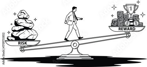A businessman walking on a seesaw balancing risk represented by rocks and reward represented by money and trophy