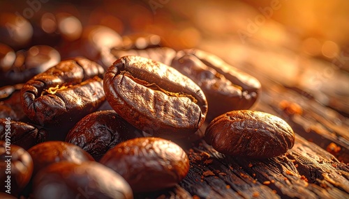 Roasted Coffee Beans Close Up on Dark Wooden Table under Warm Sunlight