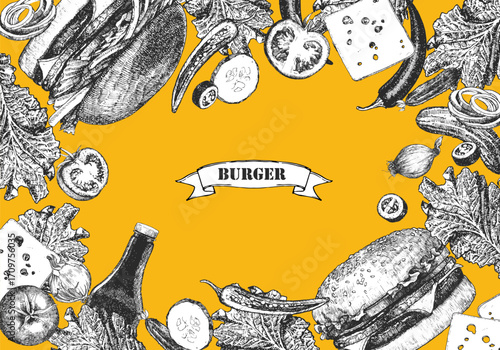 Burger Menu. Hand-drawn illustration of dishes and products. Ink. Vector	