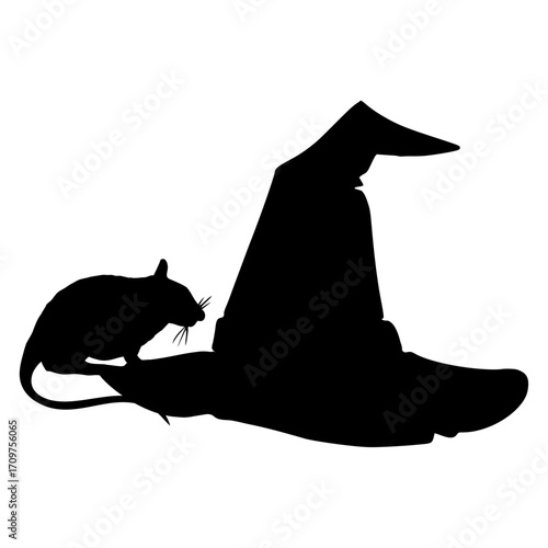 Logo con silueta de rata en sombrero de bruja para su uso en felicitaciones y tarjetas de Halloween
