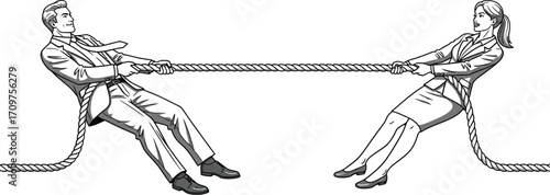 Man and woman in suits engage in a tug of war with a thick rope in a black and white illustration