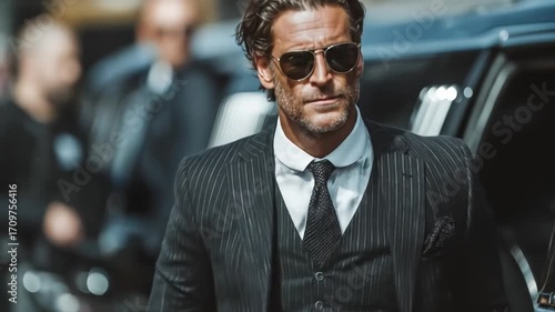 Man in suit getting into limousine