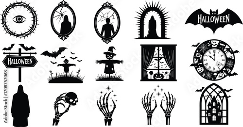 Spooky Halloween vector set with creepy eyes, cracked mirrors, flying bats, scarecrows, skeleton hands, haunted windows, clocks, perfect for Halloween designs.