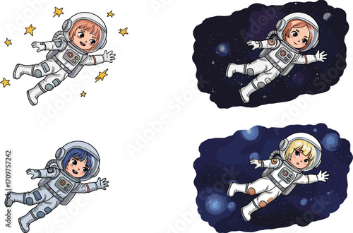 Cartoon astronauts in space, floating in zero gravity, diverse characters, cosmic background, stars, helmet, white spacesuit, illustration