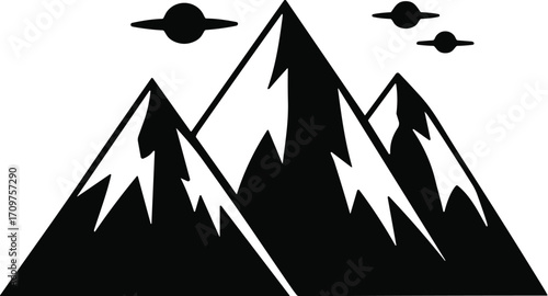 Sci Fi Mountain Landscape with Alien UFOs Vector Silhouette