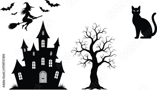 Spooky Halloween vector set with witch flying on broomstick, haunted castle, creepy tree, black cat, bats, perfect scary design