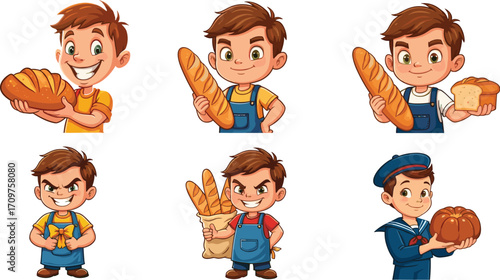 Cartoon boys with bread, bakery characters, baguette, loaf, pretzel, bundt cake, cooking, food, cheerful, cute, fun