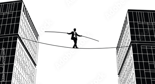 A silhouette of a businessman balancing on a tightrope between two buildings with a white background