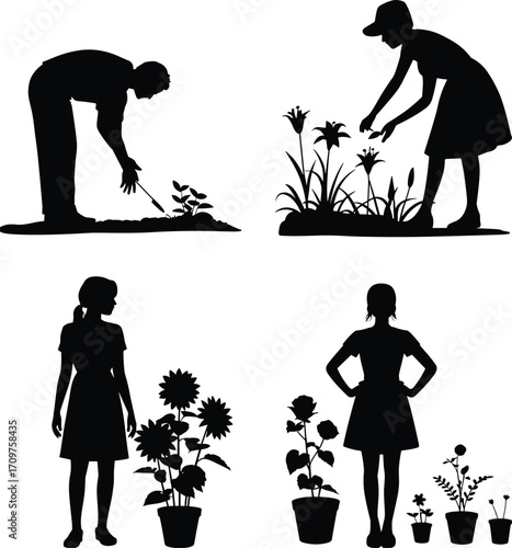 Gardening activity silhouettes, vector horticulture icons, plant care clipart set, outdoor work design, garden outline art, gardening illustration pack, agriculture worker graphic collection