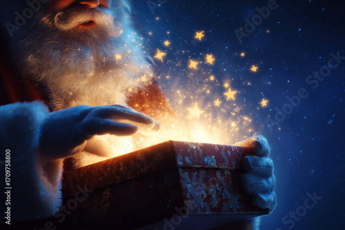 A Christmas present with a sparkling gold star and Santa Claus