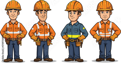 Cartoon construction workers in hard hats, diverse uniforms, standing poses, animated characters, teamwork, safety, labor, illustration
