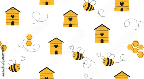 Cute little bees flying around their beehives and honeycombs.