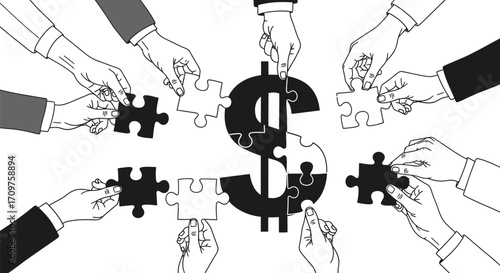 Hands assembling dollar sign puzzle pieces in black and gray on a white background illustration