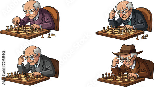 Cartoon elderly men playing chess, focused expressions, strategic board game scene, senior lifestyle, concentration, indoor activity, intelligence, competition, character illustration