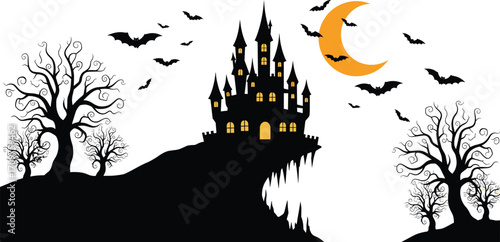 Spooky haunted castle on cliff with flying bats, creepy trees, glowing windows, and moon background for Halloween vector illustration design.