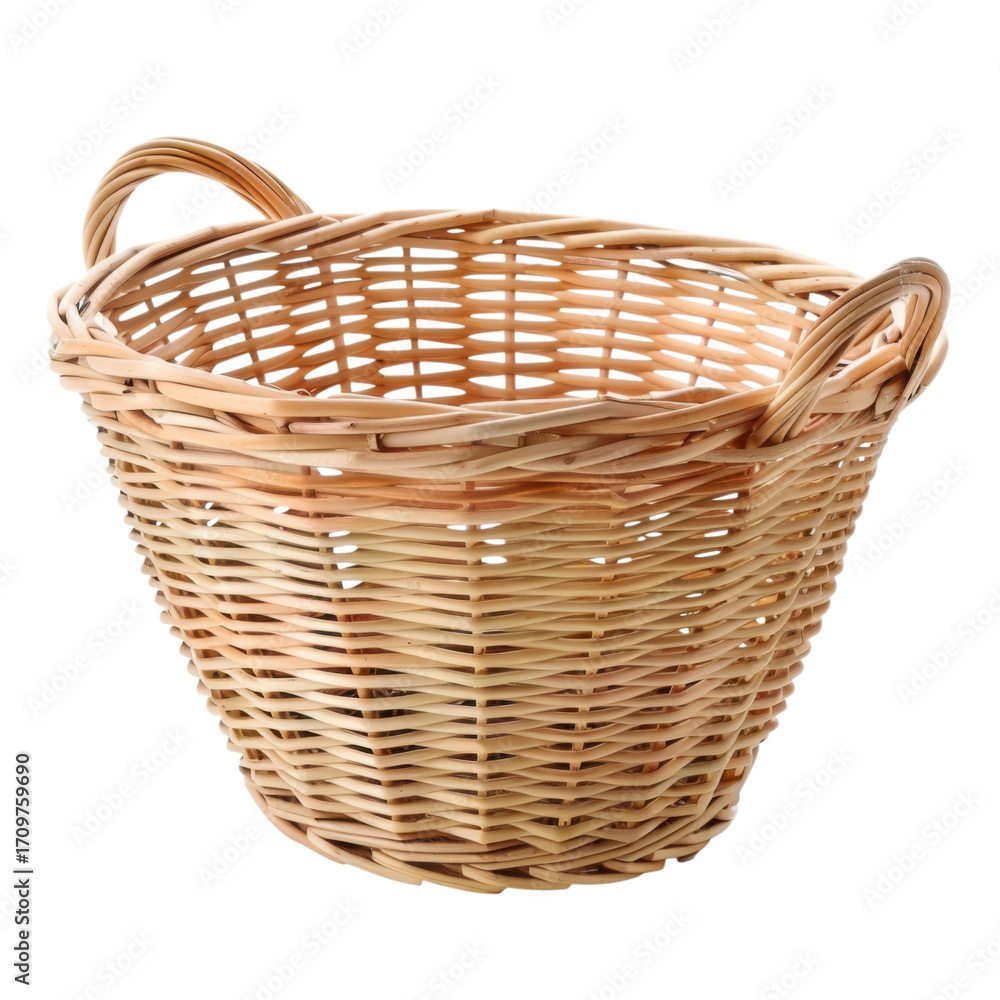 Obraz premium Wicker basket PNG with handles, natural woven rattan storage basket isolated, rustic farmhouse organization container