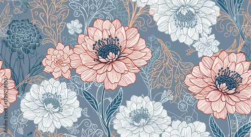 A seamless floral pattern featuring large fluffy pink and white flowers with dark blue centers on a textured gray blue background with ornamental leaves.