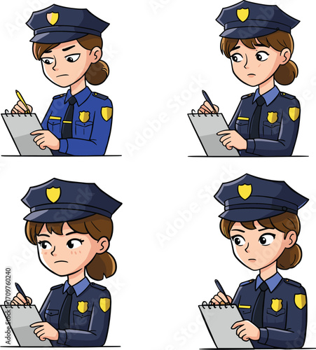Cartoon female police officers writing notes, diverse uniforms and expressions, law enforcement characters, public safety illustration, report taking