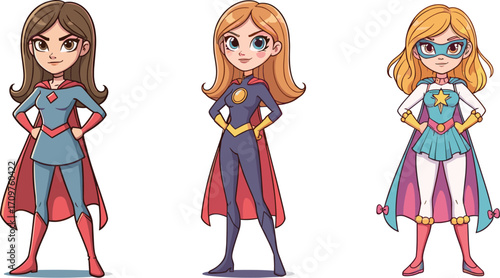 Cartoon female superheroes in colorful costumes, confident poses, animated characters, capes, emblems, fashion, power, illustration