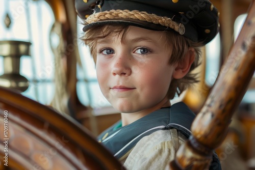 Portrait of a confident young boy wearing a captain's hat and nautical uniform, holding a ship's wheel