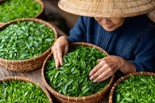 Tea farmer gently handling freshly harvested green tea leaves
