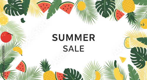 Get ready for the amazing summer sale event full of tropical fruits and leaves.