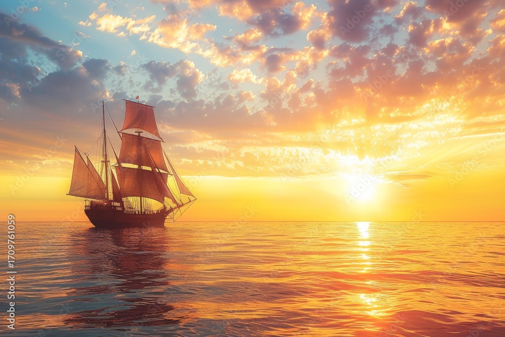 Obraz premium Ancient sailing ship is sailing on calm ocean waters during a breathtaking golden sunset, with a majestic cloudscape creating a dramatic atmosphere