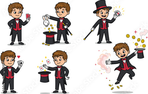 Cartoon magician performing magic tricks, whimsical character illustration with wand, hat, flowers, stars, fantasy entertainment, kids show
