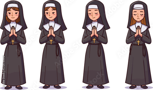 Cartoon nuns in prayer, emotional expressions, black habits, white wimples, cross necklaces, spiritual illustration, gray background, religion theme