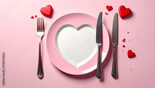 Romantic Pink Table Setting with Heart Shaped Plate and Utensils for Valentines Day Overhead View