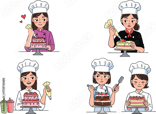 Cartoon pastry chefs decorating cakes, diverse characters in colorful outfits, baking teamwork, dessert creativity, culinary art, cake decoration, bakery illustration