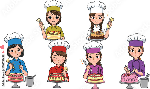 Cartoon pastry chefs decorating cakes, diverse characters in colorful outfits, baking teamwork, dessert creativity, culinary art, cake decoration, bakery illustration, fun kitchen scene