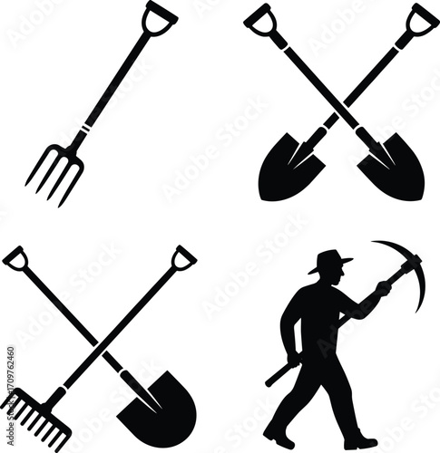 Gardening tool silhouettes, vector agriculture icons, farm equipment clipart set, manual labor design, rural outline art, garden illustration pack, agricultural worker graphic collection