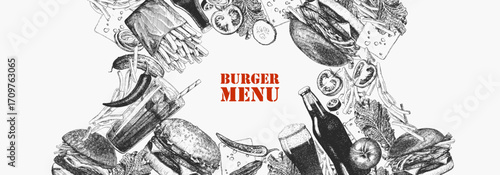 Burger Menu. Hand-drawn illustration of dishes and products. Ink. Vector	